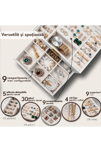 Elindor Jewelry Box with Key, 2 Tiers & Drawer, Velvet, White Faux Leather, 23 x 17 x 10.5 cm