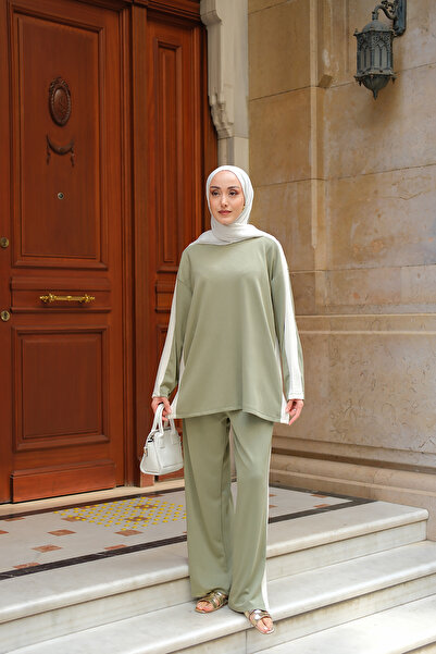 LOCCO Γυναικείο Σετ με λεπτομέρεια με ρίγες στο πλάι, δύο τεμαχίων, ανοιχτό πράσινο