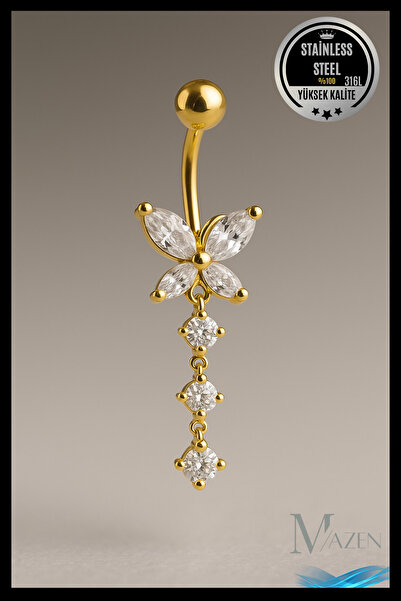 MAZEN Sallantılı Kelebek Göbek Piercing | Çelik Kararmaz | Zirkon Taşlı | Kadın Takı Aksesuar | Pirsing