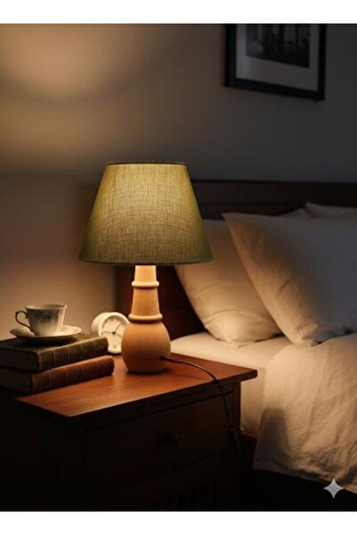 Z&Z Home aura ahşap konik abajur demir iskelet ceviz rengi YEŞİL şapka modern...