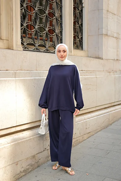 LOCCO Women's Crew Neck Double Set Navy Blue