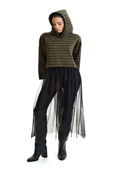 LUMİNA FASHİON Women's striped sweatshirt with tulle skirt effect detail, one size fits all