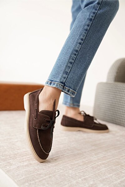 CAMOLLA Brown Suede Women's Flat Lace-Up Loafer Shoes