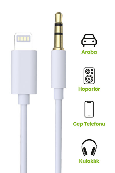 Jopus iPhone Uyumlu Lightning to 3.5mm Aux Kablosu Tak Çalıştır Beyaz 1 Metre