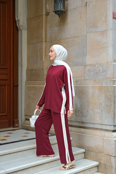 LOCCO Γυναικείο Σετ με λεπτομέρεια με ρίγες στο πλάι, δύο τεμαχίων, μπορντό