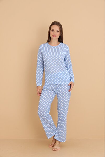 STELLAPİNK BEYAZ KALP DESENLİ UZUN KOL PAMUKLU PİJAMA TAKIMI - MAVİ