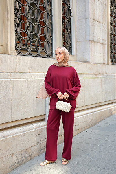 LOCCO Γυναικείο διπλό κοστούμι με λαιμόκοψη σε μπορντό χρώμα