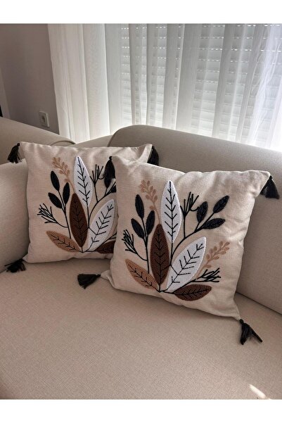 STAR CİTY 2’li Yaprak Nakışlı Kırlent Takımı – Doğal Kumaş, Püsküllü