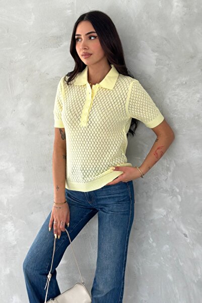 FEMELLE Yellow Polo Neck Openwork Knitwear Blouse - Short Sleeve Buttoned Standard Size