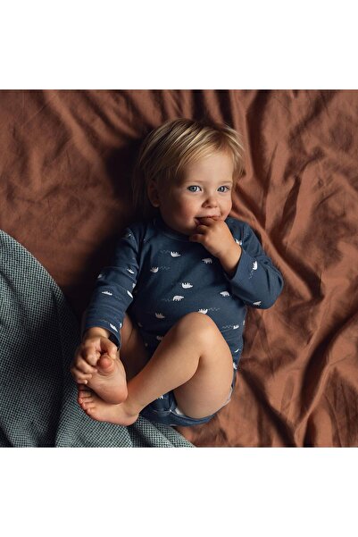 Antebies Organic Navy Blue Polar Bear Patterned Snap Fastener Long Sleeve Bab...