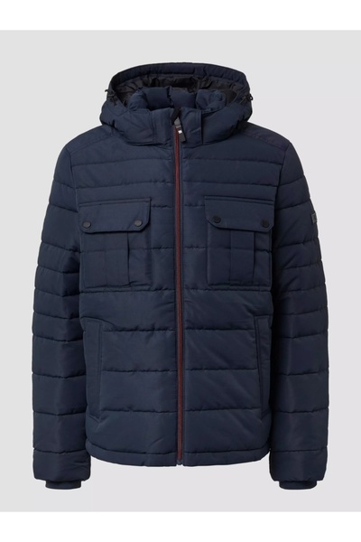 s.Oliver Men's quilted jacket with detachable hood and multiple pockets, Dark Navy