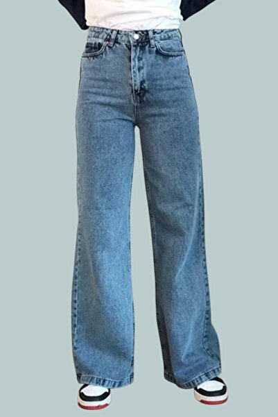 byhaziran butik Light Blue Women's High Waist Wide Leg Palazzo Jeans