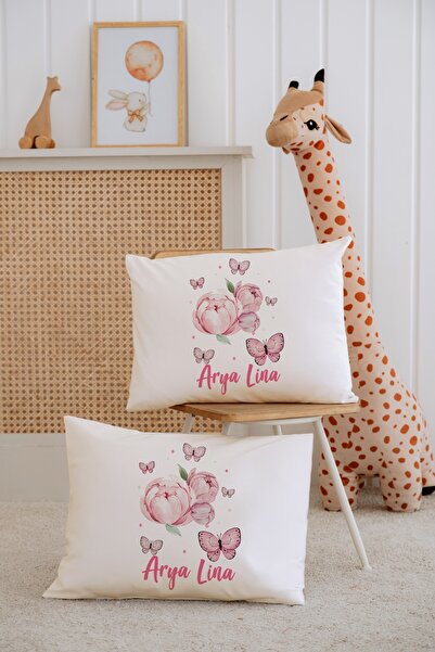 Lilabio %100 Pamuk İsme Özel 2li Ekru Bebek Yastık Kılıfı 35x45 cm-Çiçek Kelebek