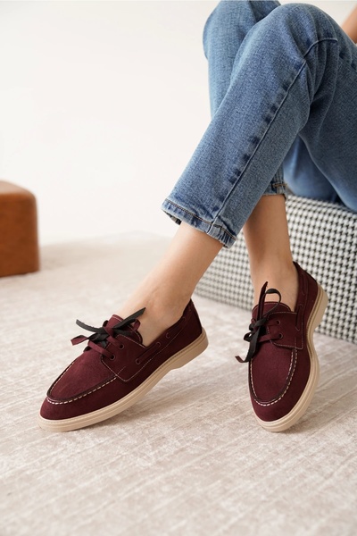 CAMOLLA Burgundy Suede Women's Flat Lace-Up Loafer Shoes