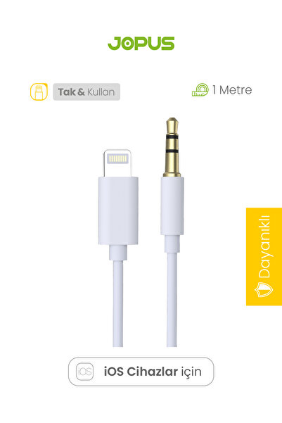 Jopus iPhone Uyumlu Lightning to 3.5mm Aux Kablosu Tak Çalıştır Beyaz 1 Metre
