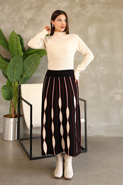 ALCHON Half Fisherman's Collar Long Sleeve Elastic Waist Drop Pattern Pleated Midi Ankle Length Knitwear Dress