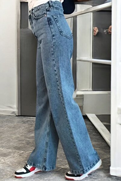 byhaziran butik Ice Blue High Waist Women's Wide Leg Jeans