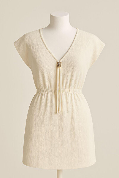 MODANI SEÇ Women's White Side Slit Buckle V Neck Mini Beach Dress
