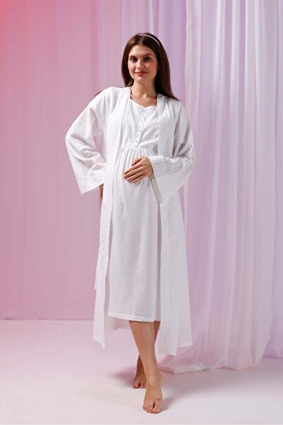 Lohussa Kadın Ekru Jakarlı Özel Tasarım Pamuklu Hamile Lohusa Sabahlık Gecelik Seti