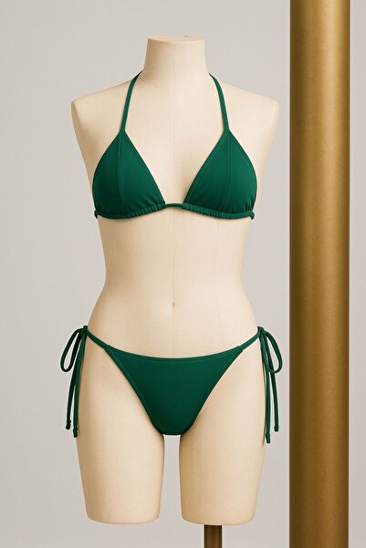 Stail Moda Kadın Yeşil Desenli (Pedli)Yandan Bağlamalı Bikini Mayo Set Takımı
