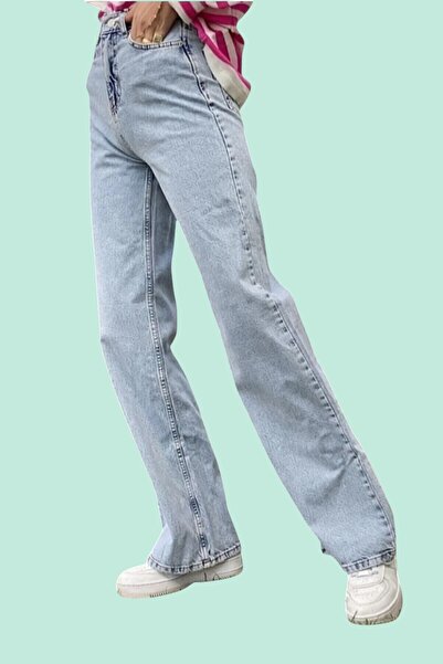 byhaziran butik بنطلون جينز أزرق مغسول بقصة مريحة وأرجل واسعة