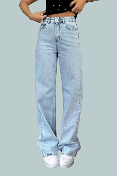 byhaziran butik Light Blue Relaxed Fit Denim Palazzo Pants