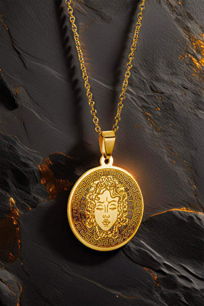 OSMANLI GÜMÜŞ Steel Aether Altın Kaplama Çelik Kolye Yunan Tanrısı Medusa Model 2 İşlemeli Yuvarlak Plaka Kararmaz