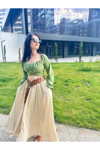 Aura Ella Gofre Kumaş Cepli Uzun Etek – Yüksek Bel, Rahat Kalıp, Bohem Tarz
