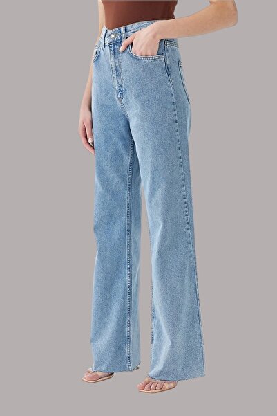 byhaziran butik بنطلون جينز نسائي واسع الساقين بلون أزرق ثلجي قابل للغسل