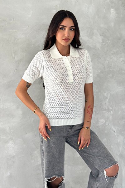 FEMELLE Ecru Polo Neck Openwork Knitwear Blouse - Short Sleeve Buttoned Standard Size