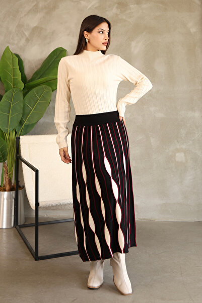 ALCHON Half Fisherman's Collar Long Sleeve Elastic Waist Drop Pattern Pleated Midi Ankle Length Knitwear Dress