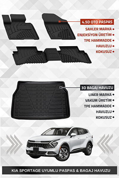 Sahler Kia Sportage 2022+ Uyumlu 4.5D Premium Paspas ve Liner 3D Bagaj Havuzu...