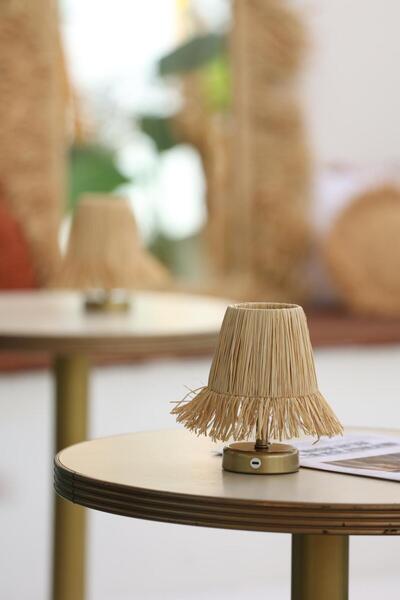 Maison Avf Rafya Saçaklı Şarjlı Masa Lambası - Alt Eskitme Gold