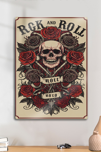 DekorHane Imprimare metalică - Tablou Rock and Roll - Design cu craniu și tra...