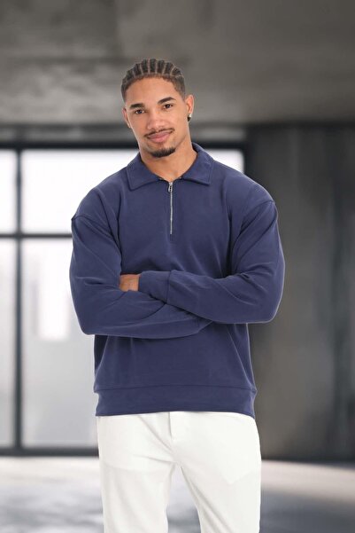 Valiberta Scuba Modal Fabric Relaxed Fit Half Zipper Polo Collar Men's Sweatshirt - Navy Blue
