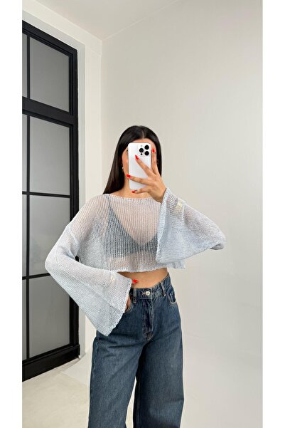 Gaus Mavi Kolu Volanlı Merserize Bluz GAUS-0061