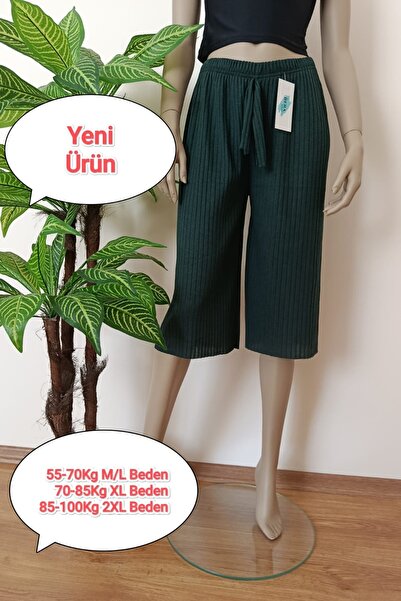 VİP BERA TEKSTİL Kadın Yeşil Fitilli Çizgili Penye Pamuklu Bermuda Alt