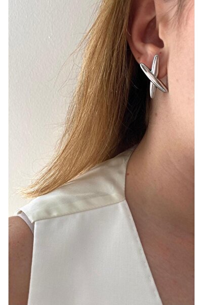 marsel aksesuar X-Shaped Silver Steel Earrings