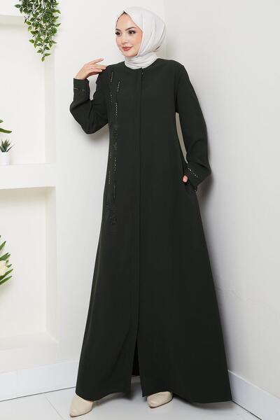 hafsamina Μεγάλο μέγεθος Ferace Khaki HM2800 με πέτρες στο μπροστινό μέρος