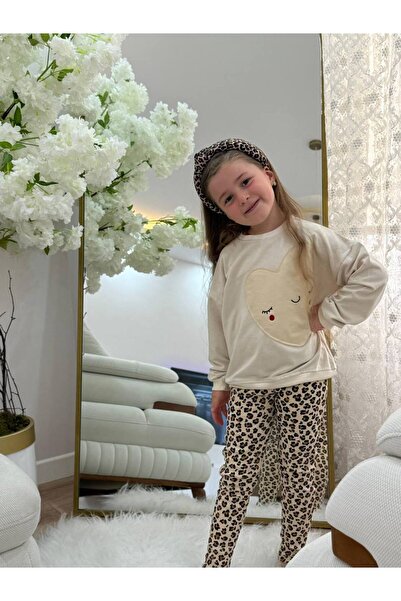 GÖKJOY BUTİK Premium Quality Leopard Printed Leggings and Sweat Girl's Set with Embroidery Details
