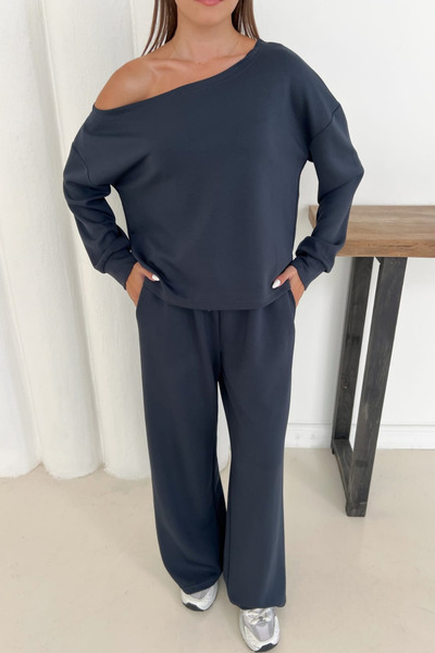 moda poni Women's Anthracite Modal Fabric Off-Shoulder Top and Bottom Set