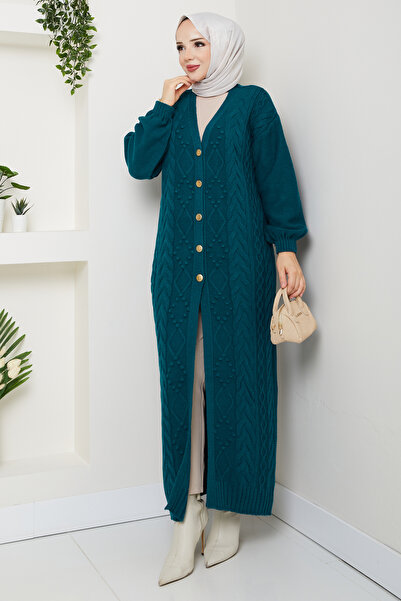 Pamuk Butik Women's Chain Knitted Button Closure Long Knitwear Cardigan