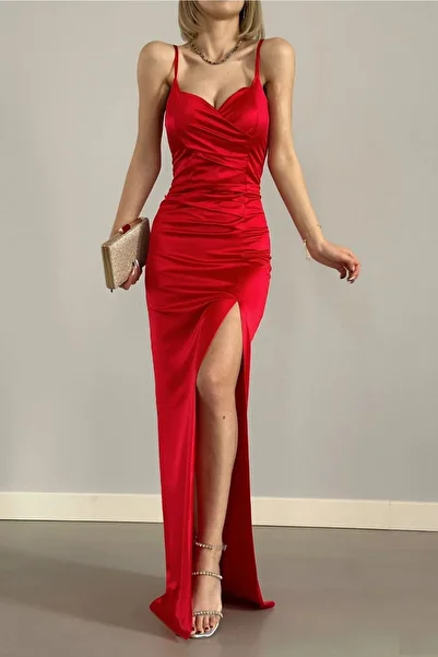WOMAN VISION Red Satin Fabric Drape and Slit Design V-Neck Maxi Dress with Straps 582177