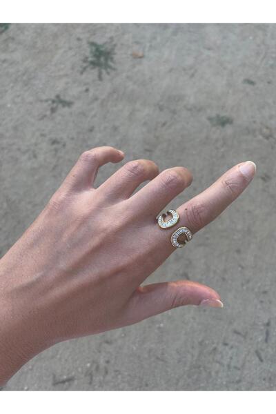 marsel aksesuar Ellipse Model Baguette Stone Steel Gold Adjustable Ring