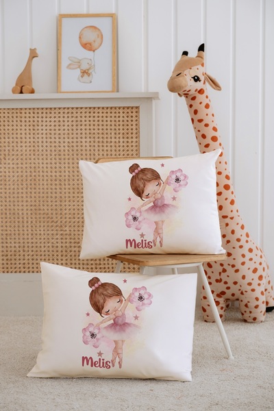 Lilabio %100 Pamuk İsme Özel 2li Ekru Bebek Yastık Kılıfı 35x45 cm-Balerin