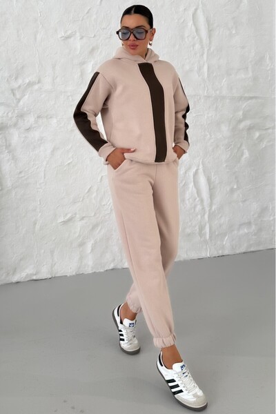 Know Kadın Bej Kapüşonlu Kol Ve Göğüs Dikey Kalın Şeritli Alt-Üst Eşofman Takımı