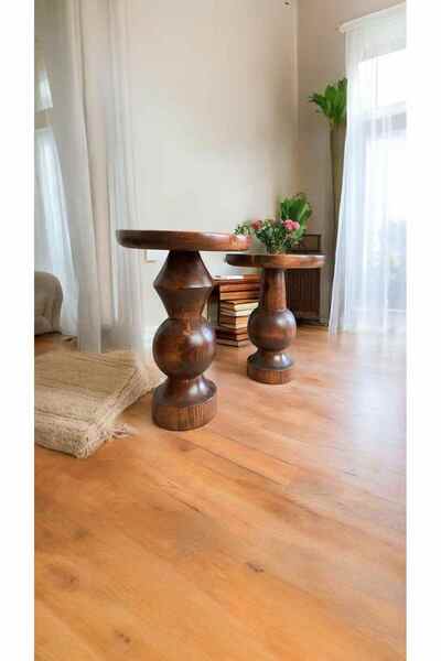 Simillo Home&Living Masif Ahşap Yan Sehpa Seti – 2’li Kestane Renk Doğal Zigo...