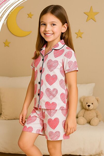 Nex Moda Kız Çocuk Pijama Takımı Kalp Desenli Kısa Kollu Şortlu