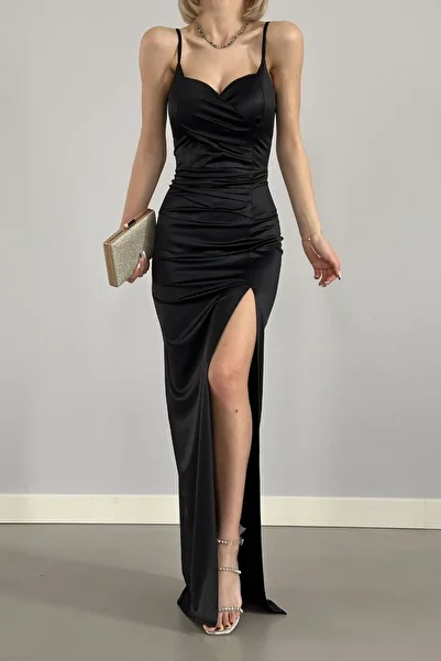 WOMAN VISION Black Satin Fabric Drape and Slit Design V-Neck Strap Maxi Dress 582177
