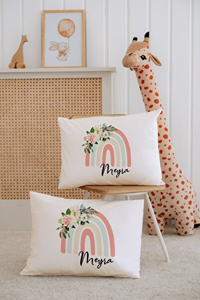 Lilabio %100 Pamuk İsme Özel 2li Ekru Bebek Yastık Kılıfı 35x45 cm-Gökkuşağı
